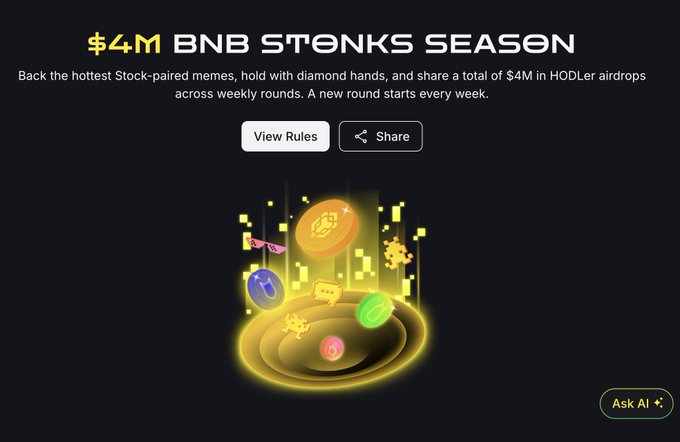 The image displays a promotional banner for the "$4M BNB Stonks Season," advertising a $4 million HODLer airdrop for the top stock-paired memes, with "View Rules" and "Share" buttons. It visually supports the post's announcement by highlighting the $4M prize pool and directing users to the Meme Ranking Dashboard on dappbay.bnbchain.org to track which bStocks-paired memes are leading in Week 1.