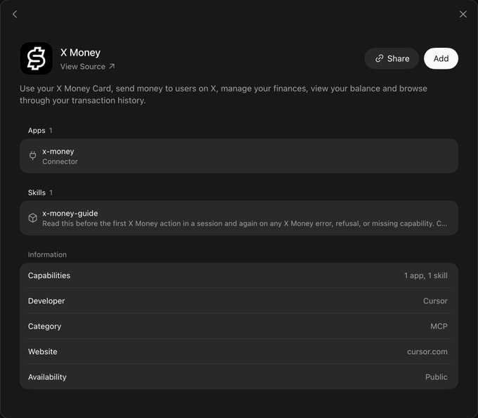 A dark-themed information panel displays details for the "X Money" app, listing 1 app ("x-money" Connector) and 1 skill ("x-money-guide"), developed by Cursor and categorized as an MCP integration available publicly at cursor.com. The panel relates to the post by confirming the addition of the new X Money plugin, which enables sending money to users on X, managing finances, viewing balances, and browsing transaction history.