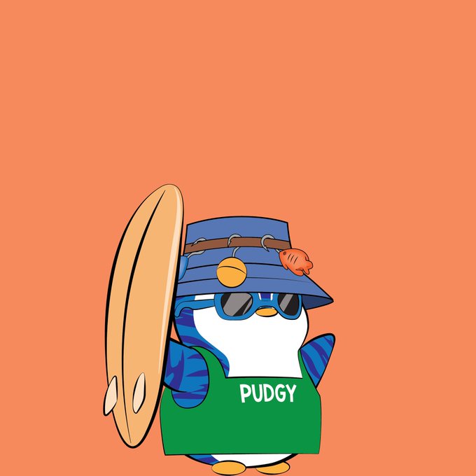 A Pudgy Penguins NFT character dressed in a green 'PUDGY' tank top, blue bucket hat with a fish charm, sunglasses, and holding a surfboard against an orange background.