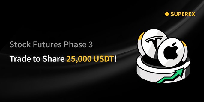 A promotional graphic with a black background featuring the text 'Stock Futures Phase 3 Trade to Share 25,000 USDT!' alongside a SUPEREX logo and graphics of Tesla and Apple logos on coins.