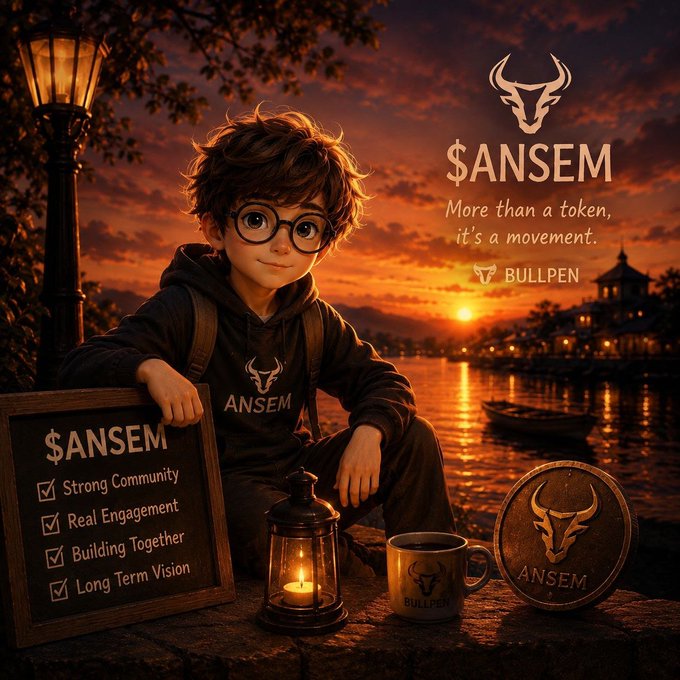 An illustrated advertisement features a young character with glasses wearing an "ANSEM" hoodie next to text reading "$ANSEM - More than a token, it's a movement" and "BULLPEN," with a checklist highlighting community and engagement.