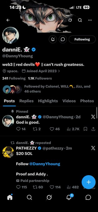 Screenshot of X/Twitter profile page for user @DannyYhoung (danniE.) showing bio 'web3 || red devils ❤️ || can't rush greatness', with a pinned tweet 'God is good.' and a reposted ad for $20 SOL tagged 'Proof and Andy'.