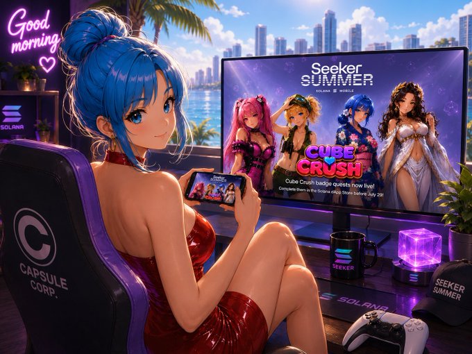 Anime-style illustration of a blue-haired woman in a red dress sitting in a 'Capsule Corp.' gaming chair, holding a phone with a monitor displaying 'Seeker SUMMER Solana Mobile' and 'Cube Crush' game advertisement, featuring a 'Good morning' neon sign.