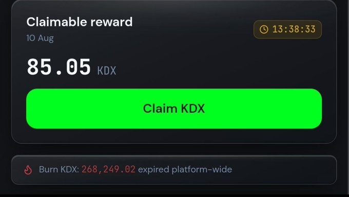 A 'Claimable reward' interface dated 10 Aug showing 85.05 KDX with a countdown timer of 13:38:33 and a green 'Claim KDX' button, with a footer noting 'Burn KDX: 268,249.02 expired platform-wide'.