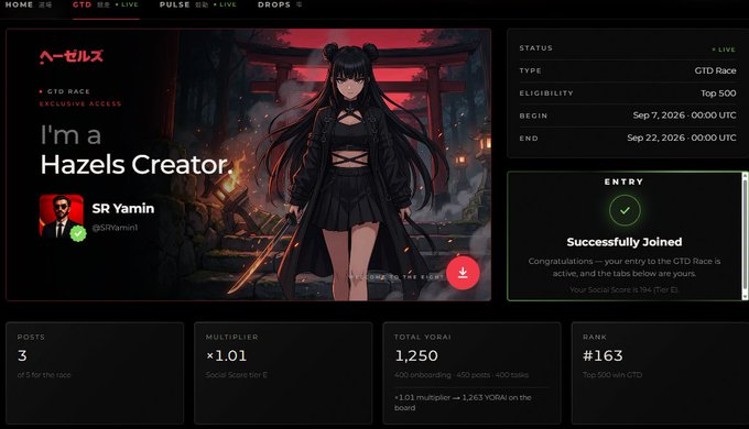 Dashboard for a Hazels CTD Race featuring 'SR Yamin (@SRyamin)' with stats showing 3 posts, ×1.01 multiplier, 1,250 Total YORAI, and Rank #163, confirming a 'Successfully Joined' entry status.
