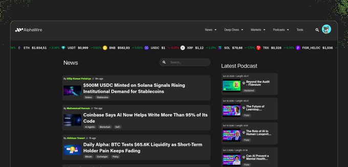 The AlphaWire crypto news website displays headlines including '$500M USDC Minted on Solana Signals Rising Institutional Demand for Stablecoins' and 'Coinbase Says AI Now Helps Write More Than 95% of Its Code'.