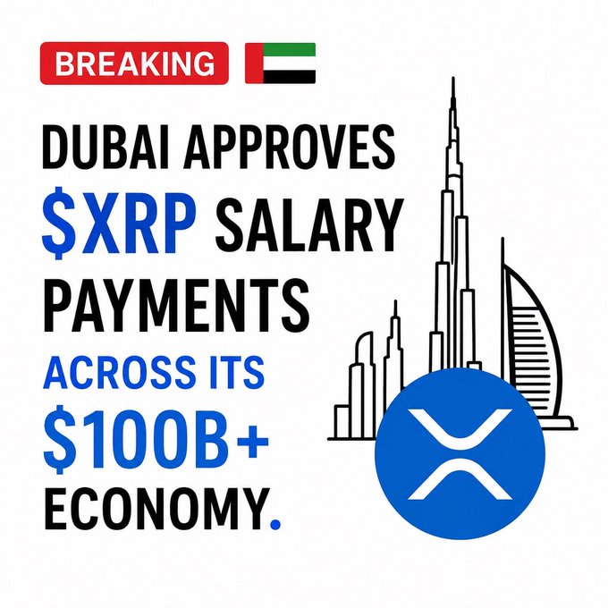 A breaking news graphic announces that Dubai has approved XRP salary payments across its $100B+ economy, featuring the UAE flag, Dubai's skyline including the Burj Khalifa, and the blue XRP logo. The image reinforces the post's message about Ripple's growing institutional adoption in Dubai, highlighting a milestone that goes beyond short-term price volatility.