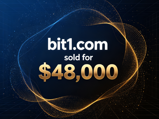 Promotional graphic announcing 'bit1.com sold for $48,000' with an elegant gold and blue swirling particle design on a dark background.