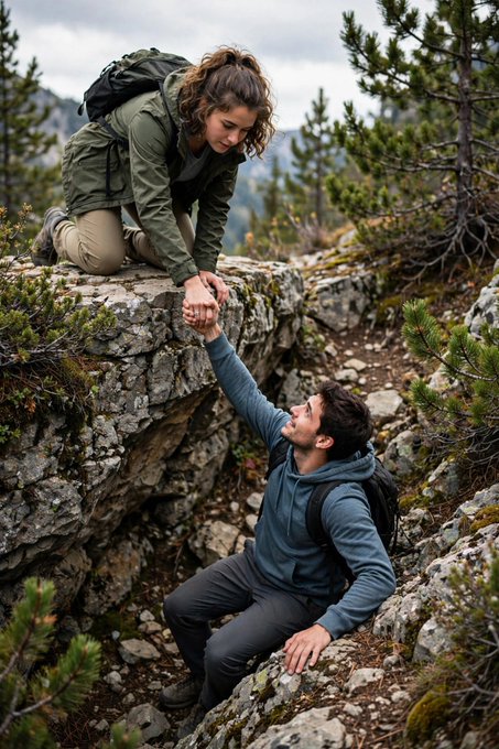 Two hikers on a rocky mountainside help each other navigate the terrain, with one person in a green jacket reaching down from a higher rock to grasp the hand of another wearing a blue hoodie.