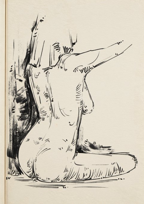 A black ink sketch illustration of a seated female nude figure with her arms raised, drawn with expressive lines on cream-colored paper.