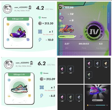 The image shows four different posts or pages, each with a unique layout and content related to a gaming experience. The first page displays a list of shoes available for purchase, while the second page features a game screen showing the progress of a player's inventory. The third page showcases a shoe-related item on sale, and the fourth page provides information about the game being played. These posts are all posted at the same time, creating an engaging visual experience that highlights various aspects of the gaming world.