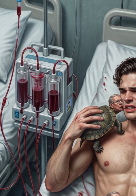 Digital illustration of a shirtless man crying in a hospital bed, holding a turtle with a miniature elderly man's face on its shell, connected by tubes to a blood-like fluid machine.