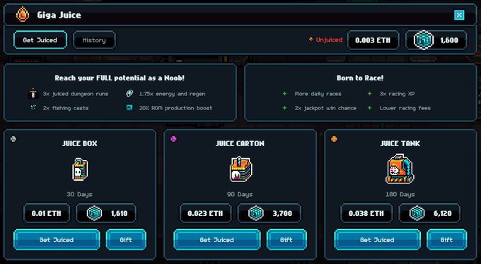 Giga Juice subscription interface offering Juiced dungeon runs and racing benefits, with plans priced from 0.01-0.038 ETH including Juice Box (30 days), Juice Carton (90 days), and Juice Tank (180 days).