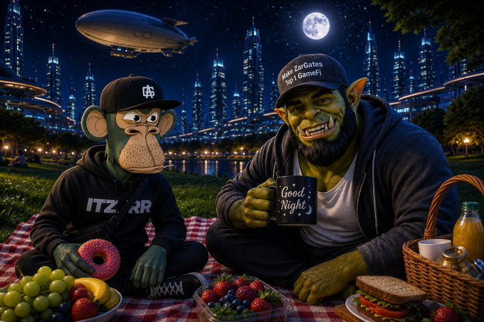 An AI-generated scene shows an orc and a monkey wearing a cap, having a nighttime picnic on a blanket with fruit and sandwiches against a futuristic cityscape with a zeppelin and full moon.
