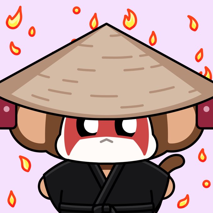 A cartoon character with an angry expression wearing a large conical Asian hat and black martial arts attire, surrounded by flames.