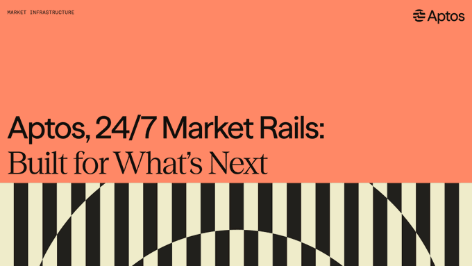 The image features a poster with an orange background that says "Aptos, 24/7 Market Railings: Built for What's Next" written in black text. The poster also includes logos of other companies such as Citi, Nasdaq, BlackRock, and FTI US.