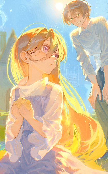 An anime-style illustration shows a young woman with long, flowing golden-orange hair and pink eyes sitting in a field while holding a small object, with a young man with brown hair smiling down at her under a bright sun and starry sky; the dreamlike, youthful scene complements the post's theme of exploring the boundless, transformative possibilities of Crypto and Web3, evoking the sense of wonder and new frontiers these emerging technologies offer.