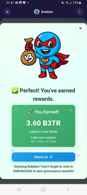 A Bubbles app rewards screen showing a superhero mascot with a "VS" money bag, confirming the user earned 3.60 B3TR rewards with a 3.60x total multiplier.