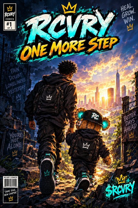 A comic book cover titled "RCRY #1" by RCVRY Comics featuring the tagline "HEAL. GROW. WIN." and "ONE MORE STEP," depicting a person and a bear-like character with headphones walking toward a city skyline, with graffiti reading "PAIN DOUBT LONELINESS YESTERDAY" and "BETTER DAYS AHEAD."