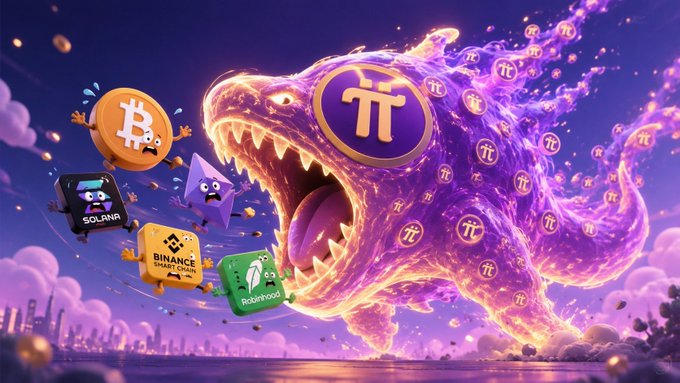 A massive purple Pi (π) monster with glowing "π" symbols erupting from its body looms over small, frightened cartoon crypto characters—including Bitcoin (₿), Solana, Binance Smart Chain, and Robinhood—set against a twilight cityscape. The image visually reinforces the post's message: Pi Network is depicted as an overwhelmingly powerful entity that the Binance Smart Chain ecosystem must court and integrate with, rather than the other way around.