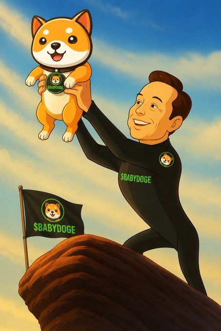 A triumphant figure plants a "$BABYDOGE" flag atop a rocky peak while hoisting a cartoon Shiba Inu puppy into the sky, mirroring the triumphant "chosen one" theme of conquering the summit with the beloved mascot leading the way.