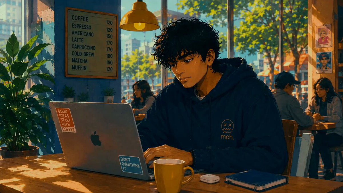 The image features a man sitting at a table with his laptop open, using it while drinking coffee from a yellow mug. The background shows other people seated around tables as well. There are also potted plants visible in the scene. The caption of the image reads "Focus on what is in the image and how it relates to the post".