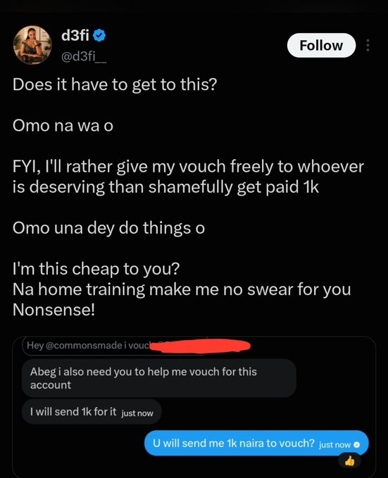 A tweet by user @d3fi__ expressing frustration over being offered only 1k naira for a vouch, with screenshots of messages requesting a 1k naira payment.