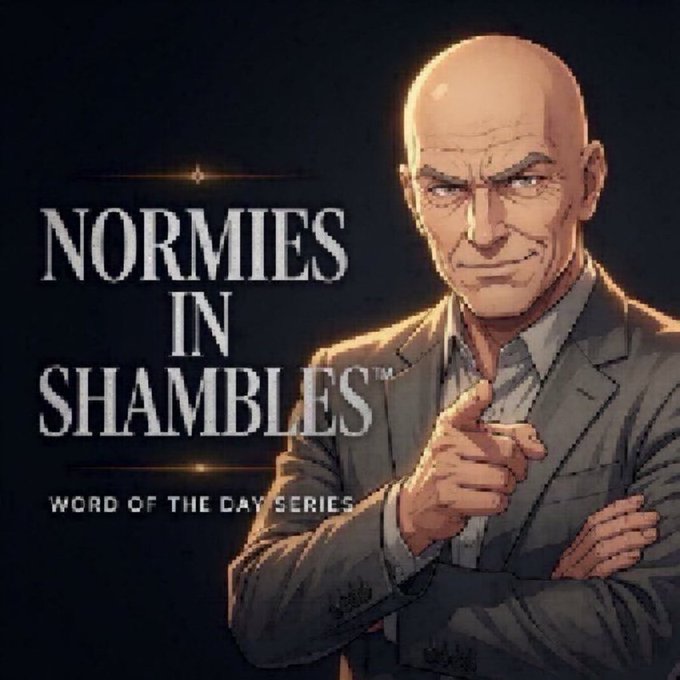 An illustrated graphic featuring a bald man in a gray suit pointing at the viewer, with stylized text reading 'NORMIES IN SHAMBLES' and 'WORD OF THE DAY SERIES' against a dark background.
