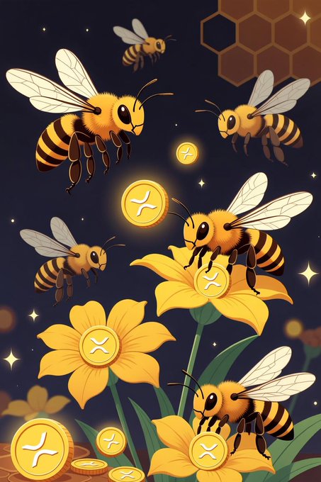 A colorful illustration of bees flying around yellow flowers with XRP symbols on their petals and on coins scattered throughout a starry scene.