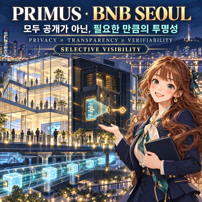 An anime-style promotional graphic titled 'PRIMUS · BNB SEOUL' featuring 'PRIVACY × TRANSPARENCY × VERIFIABILITY' and 'SELECTIVE VISIBILITY', depicting a woman in business attire beside a futuristic glass building.