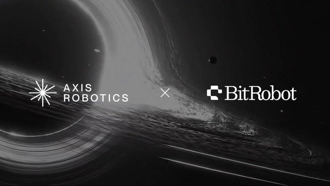 The image features a large black and white picture of a planet with a ring, surrounded by stars. The caption below the image reads "The future of Physical AI isn'T built in isolated corporate labs, it's crowdsourced." This statement is related to the content on the image as it highlights how the collaboration between @axisrobotics and @BitRobotNetwork could potentially revolutionize the field of robotics by utilizing web sims for training data. The partnership aims to create a more accessible and efficient way of developing robots, ultimately benefiting society through advancements in technology and industry.