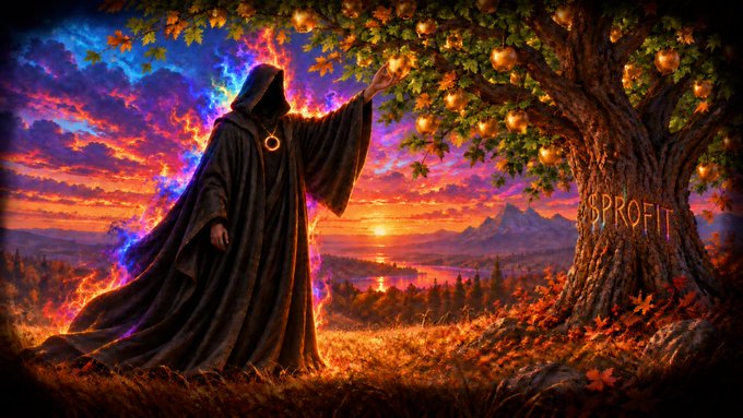A fantasy digital artwork depicts a hooded figure cloaked in flames reaching toward golden fruits on a tree, with the text 'SOPROFIT' carved into the trunk against a vibrant sunset sky.