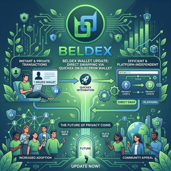 Infographic promoting 'BELDEX' and its wallet update, detailing features like 'Instant & Private Transactions' and 'Direct Swapping via QuickEx on Electron Wallet' with illustrations of people using mobile devices.