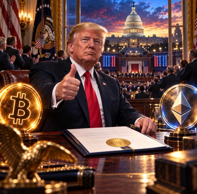 A stylized image shows Donald Trump giving a thumbs-up at a desk in the U.S. Capitol, with glowing Bitcoin (₿) and Ethereum (Ξ) coins flanking a signed document, visually reinforcing the post's claim that the White House has endorsed the final version of the CLARITY Act ahead of its key procedural vote.