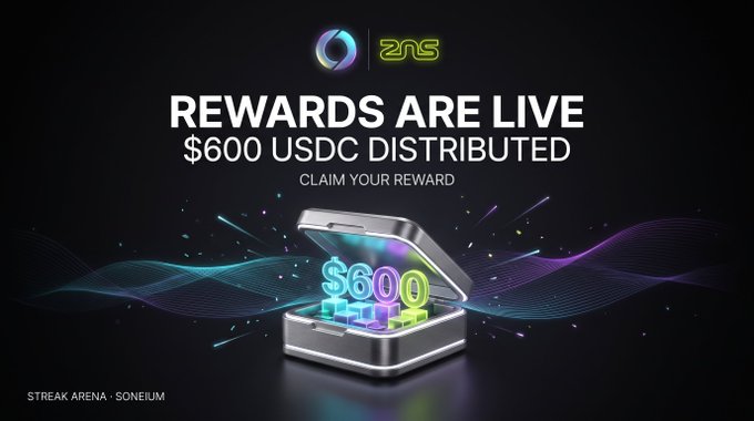 A promotional banner for 'Streak Arena' on Soneium announcing 'REWARDS ARE LIVE' with '$600 USDC DISTRIBUTED,' featuring an open treasure chest emitting colorful light waves and neon '$600' lettering.
