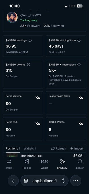 A mobile app screenshot showing a Bullpen profile for @Anu_lizzy123 with $ANSEM Holdings of $6.95 (24.446904 ANSEM), $ANSEM Volume of $10, and position in 'The Black Bull' at $6.95.