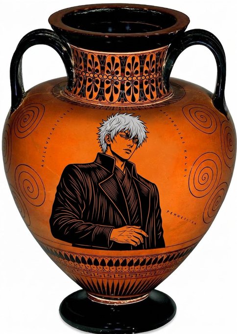 An ancient Greek-style amphora vase featuring a painted portrait of the anime character Gojo Satoru from Jujutsu Kaisen, with Greek key and spiral decorative patterns.