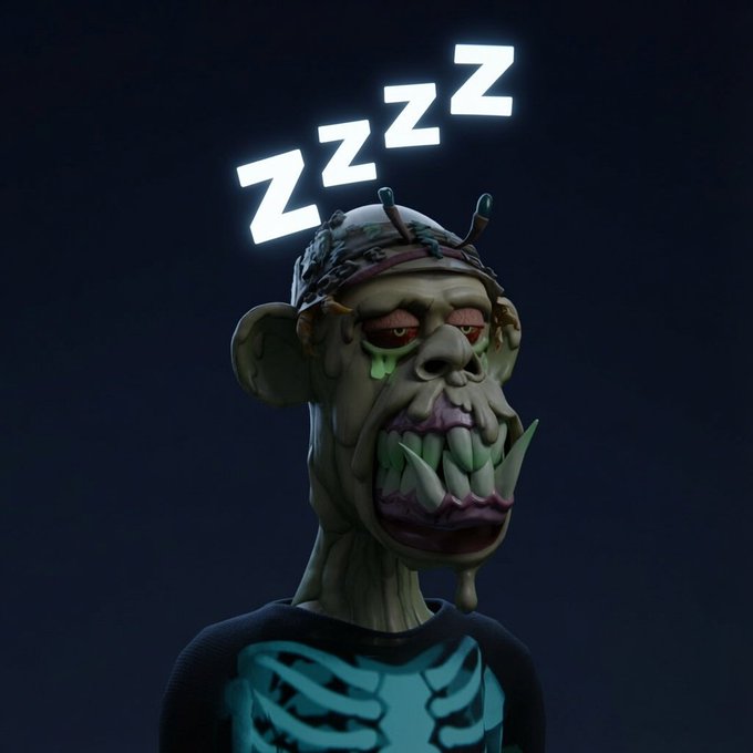 A groggy, zombie-like 3D character with green drool, overgrown fangs, and a stitched-up beanie sleeps with "ZZZ" floating above, humorously conveyed by the "GN TL" (good night, take later) caption.