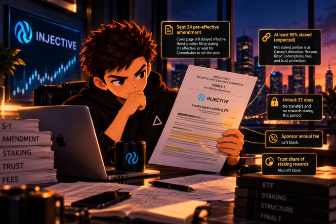 Anime-style illustration of a character at a desk reviewing an 'INJECTIVE Canary Injective Staking ETF' document, with annotations highlighting key terms like 'At least 90% staked (expected)' and 'Sept 24 pre-effective amendment'.