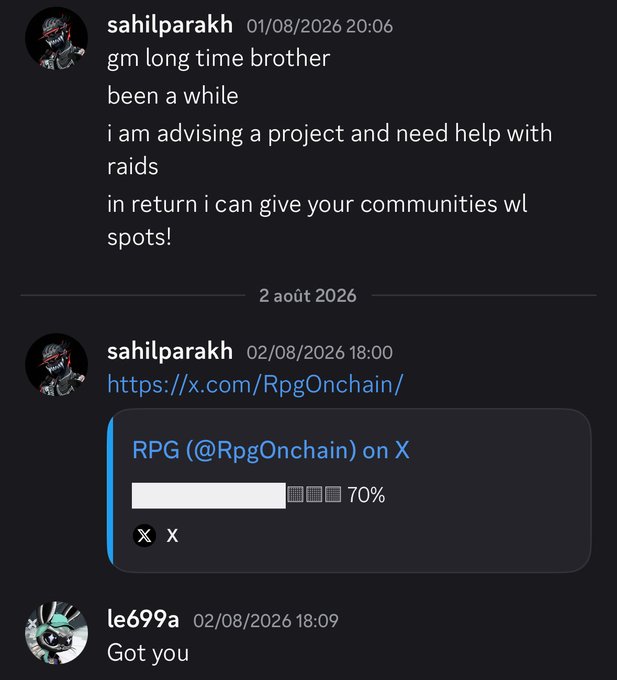 A Discord DM exchange where user "sahilparakh" messages "le699a" offering help with raids in exchange for whitelist spots, sharing a link to RPG (@RpgOnchain) on X, and receiving a "Got you" reply, suggesting coordination that preceded the alleged rug.