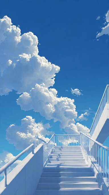 The image features a white staircase with a railing going up against a blue sky filled with clouds. The stairs lead towards an unseen destination, possibly a rooftop or another building. The sky above has a beautiful blue color, which contrasts nicely with the white steps of the staircase. The image does not provide any specific information about the post in relation to this scene.