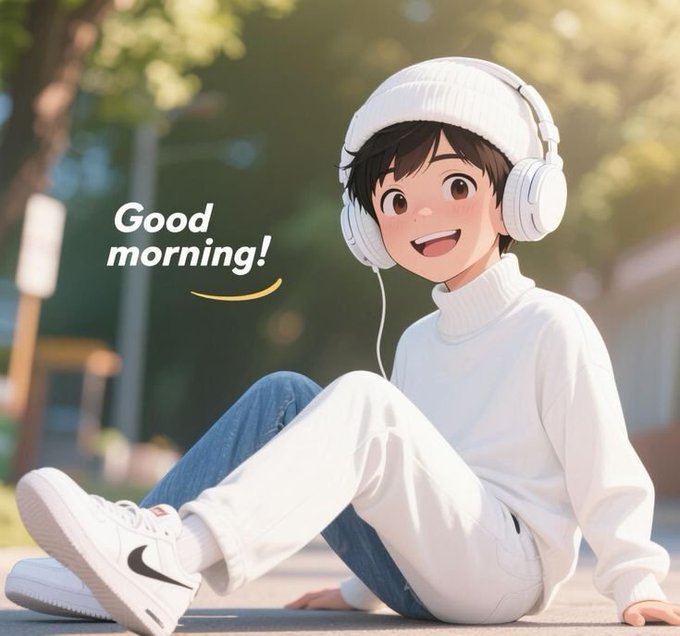 An anime-style illustration of a smiling boy wearing a white beanie, headphones, a white turtleneck, and Nike sneakers, with the text "Good morning!" beside him.