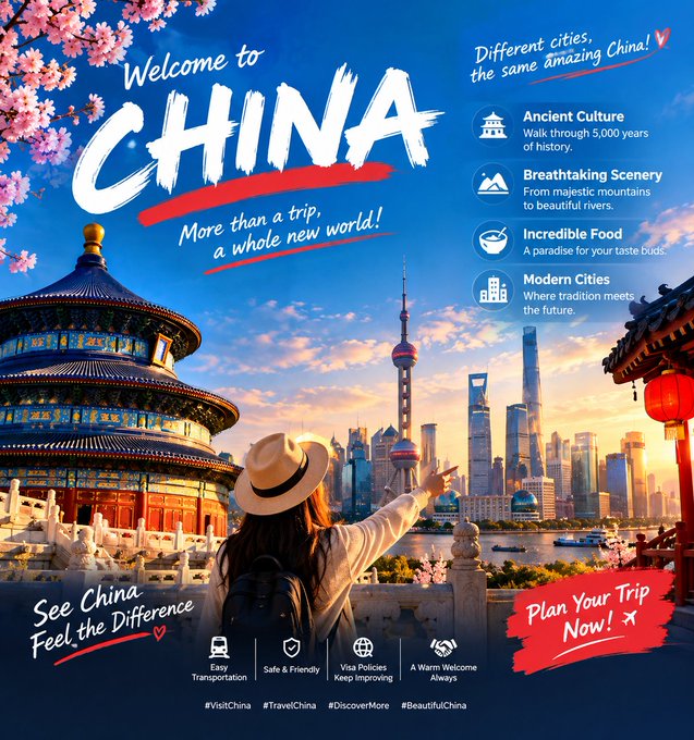 A travel poster reading 'Welcome to CHINA - More than a trip, a whole new world!' featuring the Temple of Heaven, Shanghai skyline, and highlights like 'Ancient Culture', 'Breathtaking Scenery', 'Incredible Food', and 'Modern Cities'.