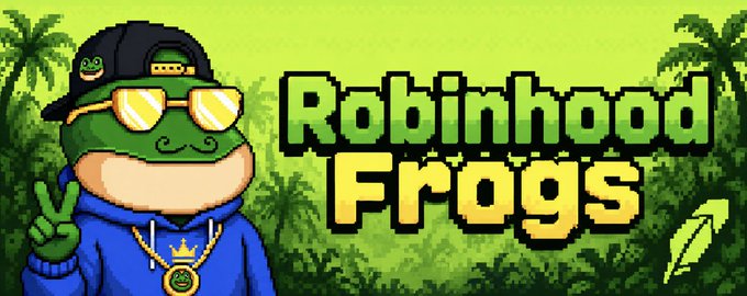 A logo banner for "Robinhood Frogs" featuring a cartoon frog wearing sunglasses, a backward cap, and a gold chain.