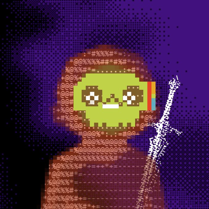 A pixelated, ASCII-art style portrait of a figure with a yellow helmet and a sword, rendered against a purple halftone background, with the handle "@SIGILIONFT" tying into the "pixel by pixel" theme of the post.