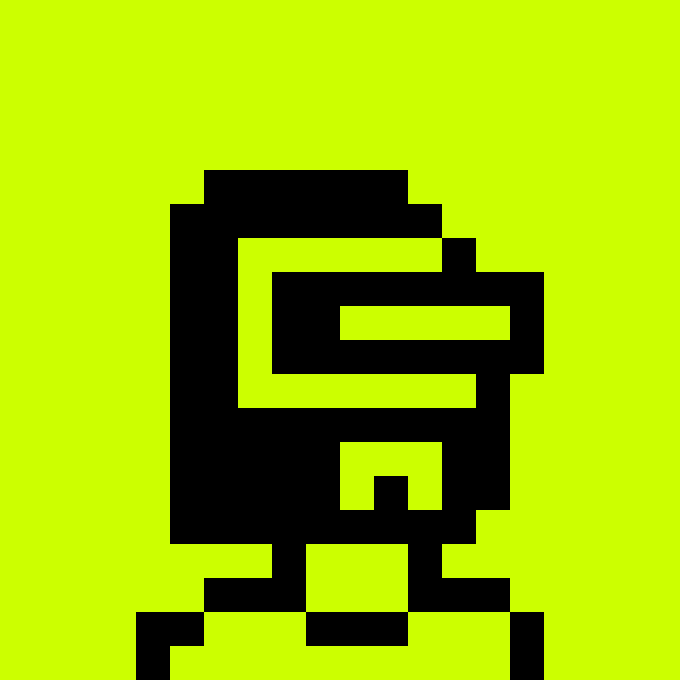 A black pixelated character resembling a classic video game sprite stands against a bright yellow-green background.
