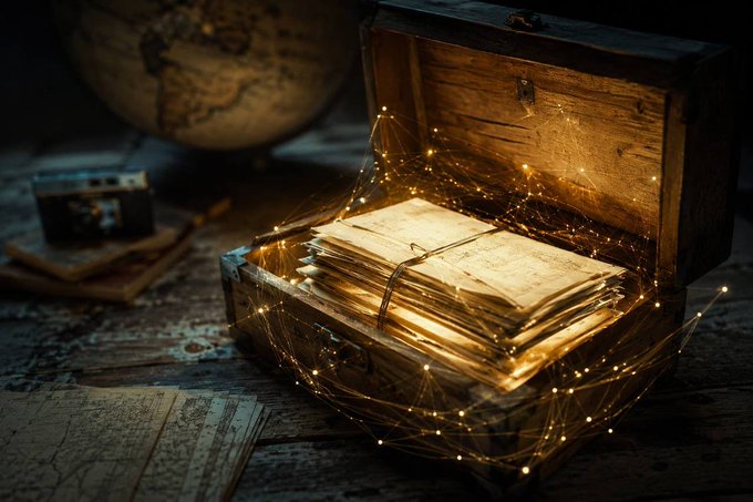 An aged ledger of records rests inside an open wooden chest, surrounded by a glowing constellation of golden nodes and lines evoking blockchain security, alongside a vintage globe and camera on a map-covered surface. The scene visually reinforces the post's message that safeguarding documentation through digital innovation like #GENVAULT can prevent property disputes and protect valuable #RWA and #DigitalAssets.