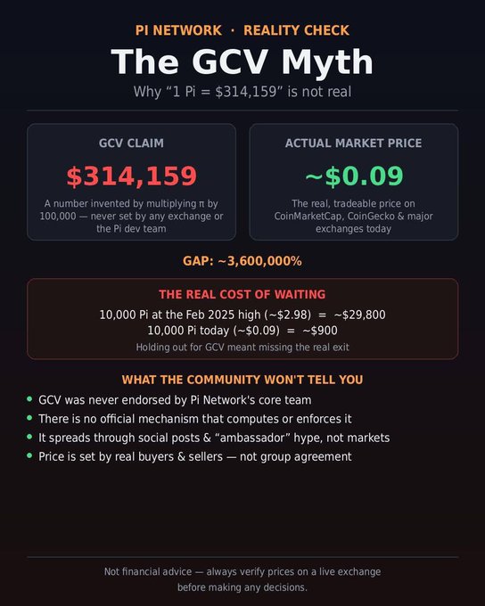 An infographic titled "PI NETWORK · REALITY CHECK: The GCV Myth" debunking the claim that 1 Pi = $314,159 by comparing it to the actual market price of ~$0.09.