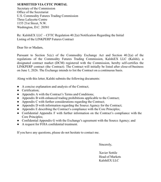 The image shows a letter written by someone named Kalshi, which is addressed to the U.S. Commodity Futures Trading Commission (CFTC). The letter contains information about the creation of a new type of exchange called Hyperliquid, which is designed for trading in financial instruments such as futures and options. The letter also mentions that this exchange will be regulated by the CFTC.