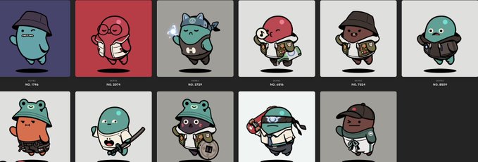 A grid display of ten cartoonish character illustrations (numbered NO. 1192 through NO. 3631) featuring various figures in different outfits and costumes on colored backgrounds.